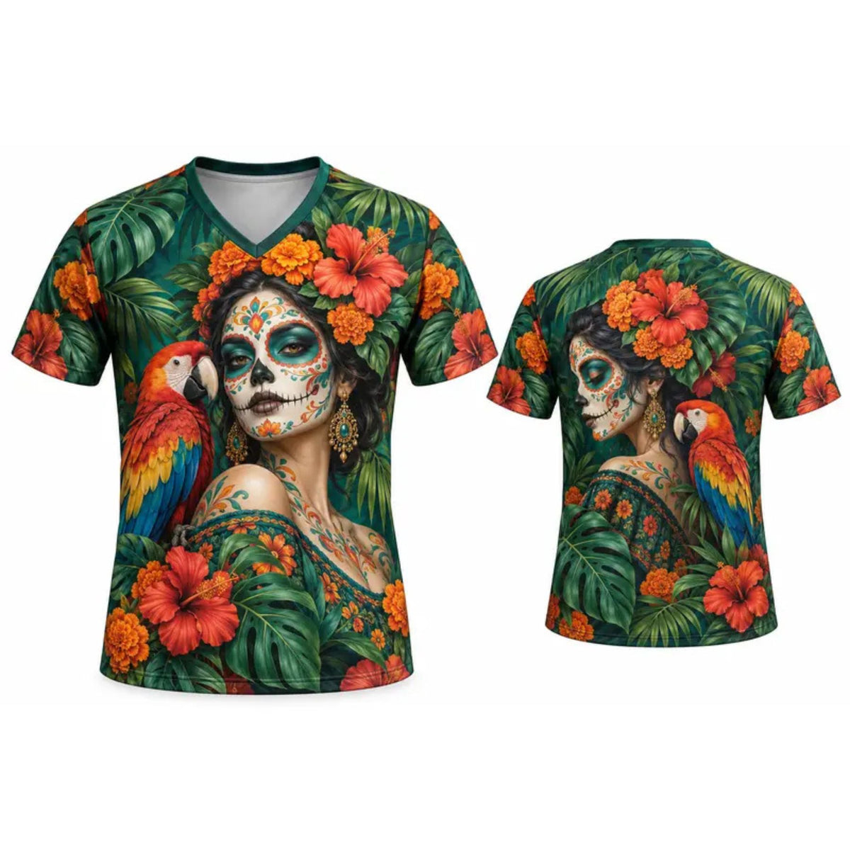 Lady's Mexican Día de los Muertos Skull La Catrina V-Neck Sports Top