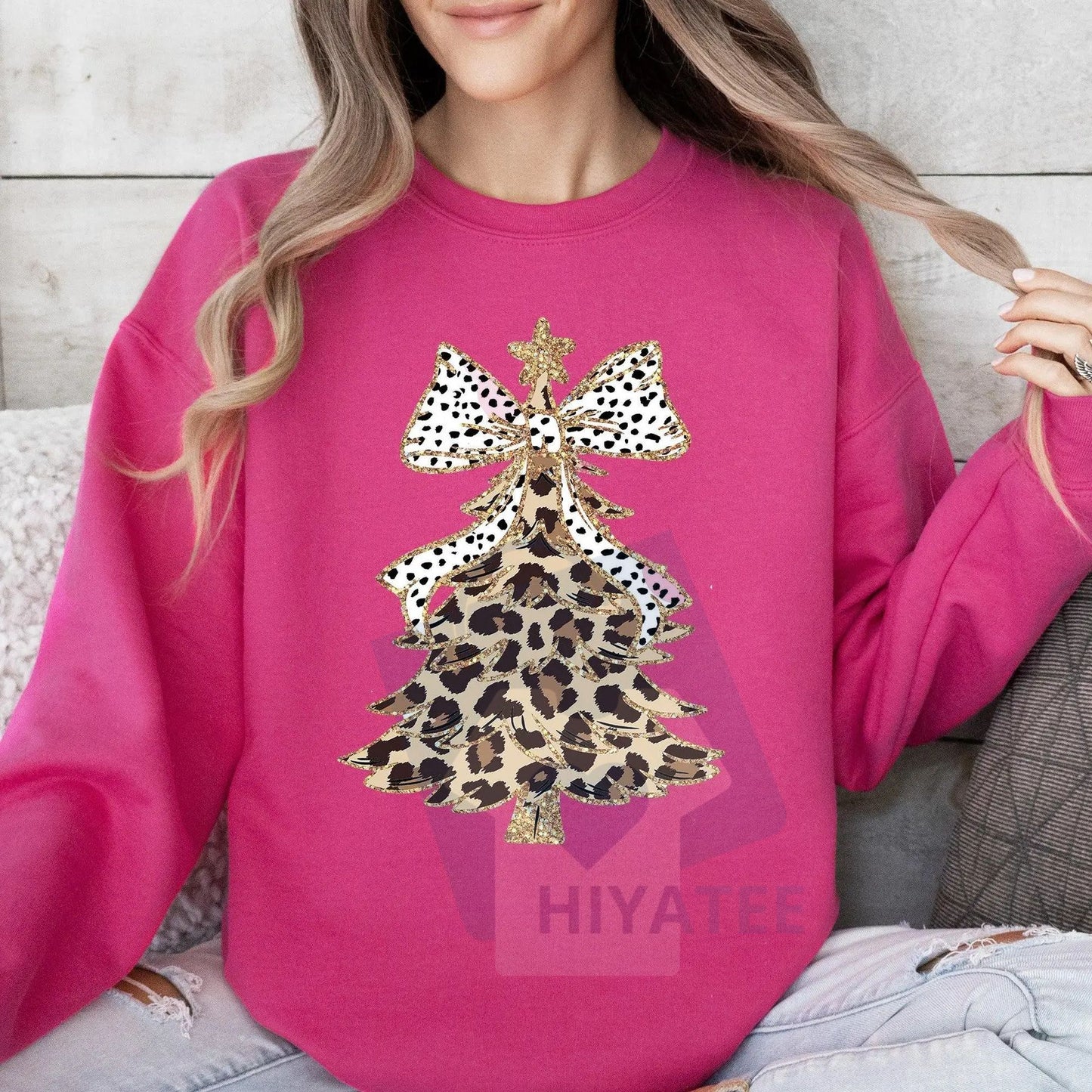 Leopard Print Christmas Tree Sweatshirt: Dalmatian Bow, Santa, Cute Girly Crew Neck Pullover, Women's Holiday Top