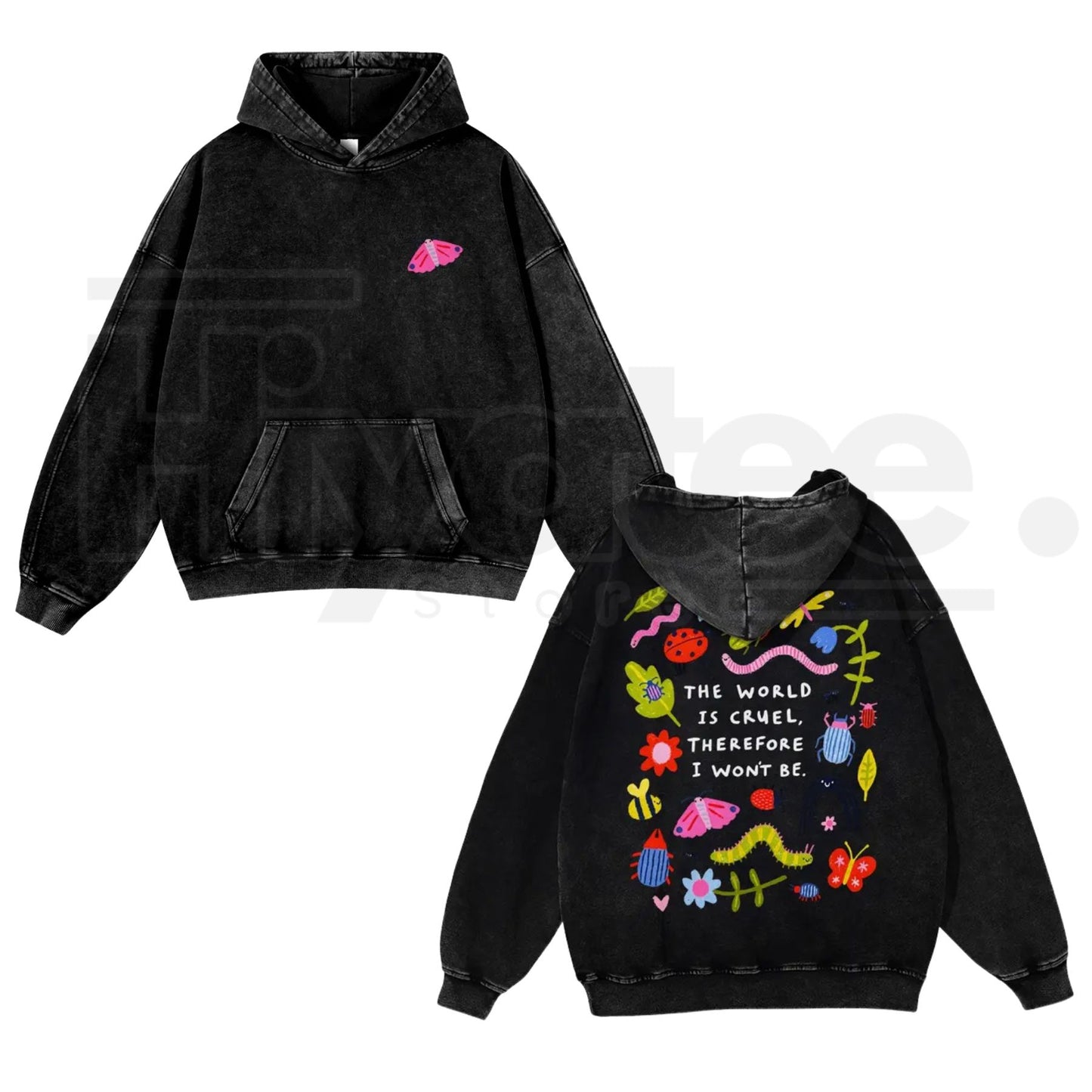 Cute Bug Print Washed Hoodie – "The World Is Cruel" Slogan, Vintage 380g Heavyweight Graphic Sweatshirt