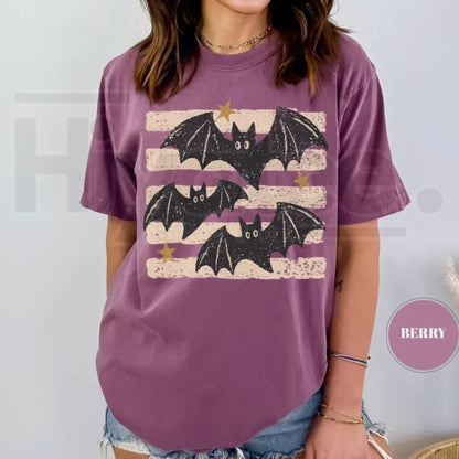 Vintage Bat Halloween T-Shirt Retro Spooky Season Boho Witchy Comfort Colors Tee