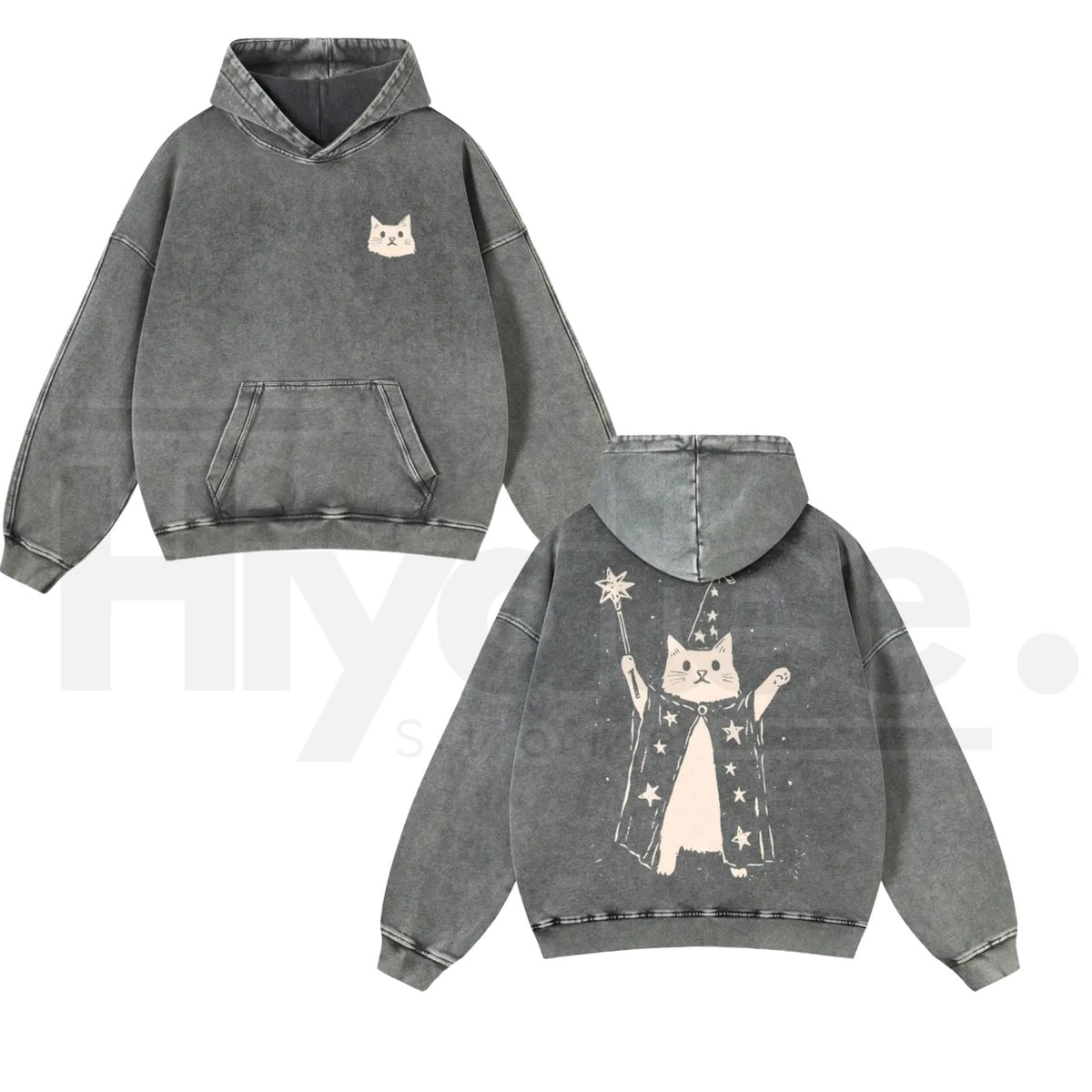 Wizard Cat Graphic Vintage Washed Hoodie – 380g Thick Cotton Blend, Oversize Unisex Pullover