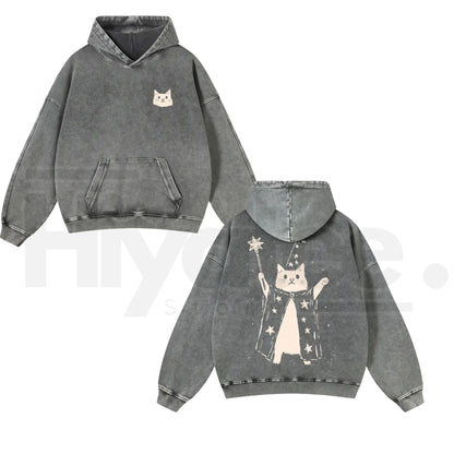 Wizard Cat Graphic Vintage Washed Hoodie – 380g Thick Cotton Blend, Oversize Unisex Pullover
