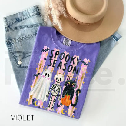 Preppy Spooky Season Shirt Coquette Skeleton Black Cat Ghost Halloween Tee