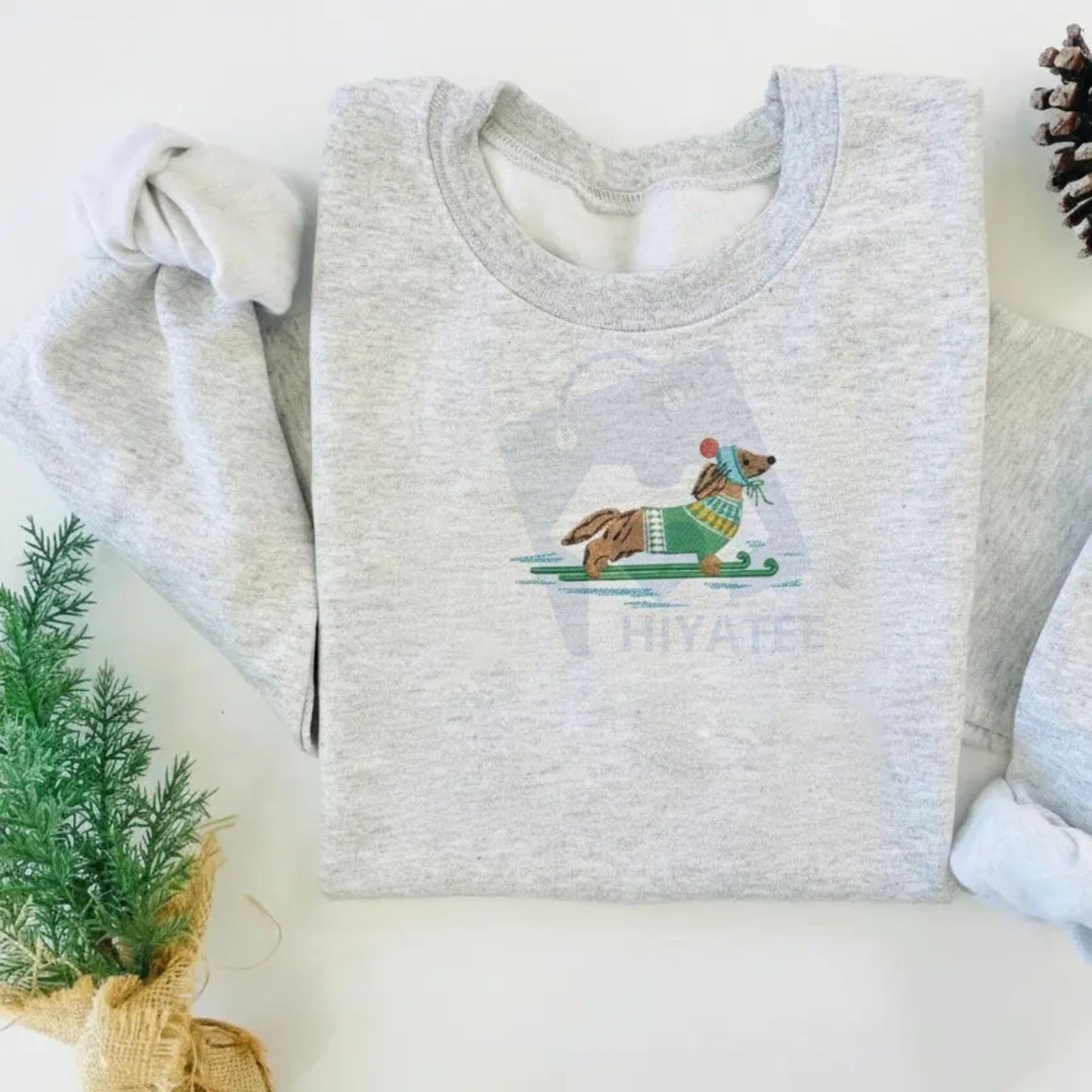 Dachshund on Skis Embroidered Sweatshirt – Funny Christmas Dog Crewneck & Winter Pullover