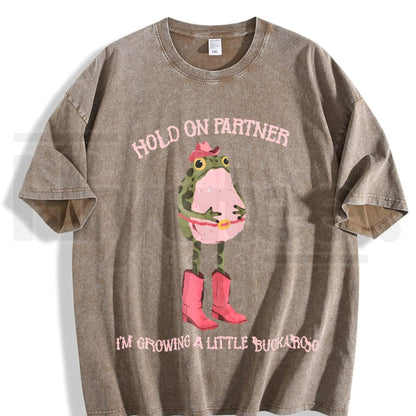 Hold On Partner I'm Growing A Little Buckaroo Vintage Washed T-Shirt – Retro Cowboy Frog Graphic Tee