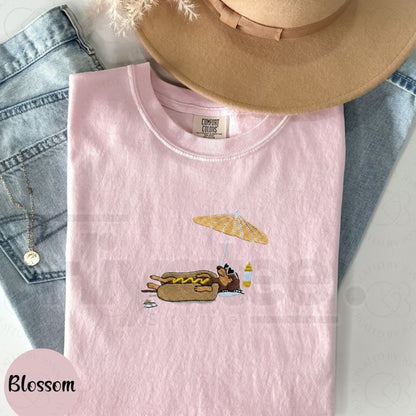 Hot Dog On Beach Dachshund Embroidered Summer Comfort Colors® T-Shirt – Funny Weiner Dog Beach Tee, Embroidered Summer Shirt