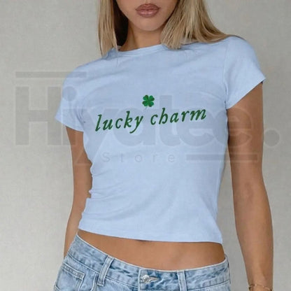 Lucky Charm Shamrock Baby Tee – Funny St. Patrick's Day Y2K 90s Aesthetic Shirt