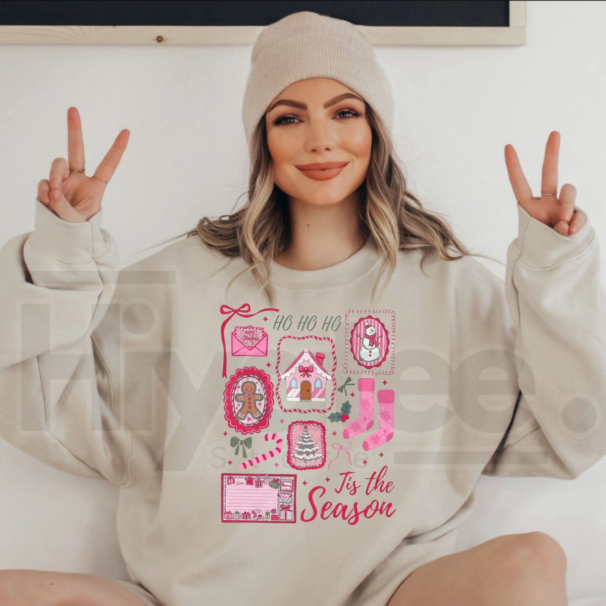 Pink Christmas Sweatshirt, Tis The Season Candy Cane Bow Santa Graphic Pullover
