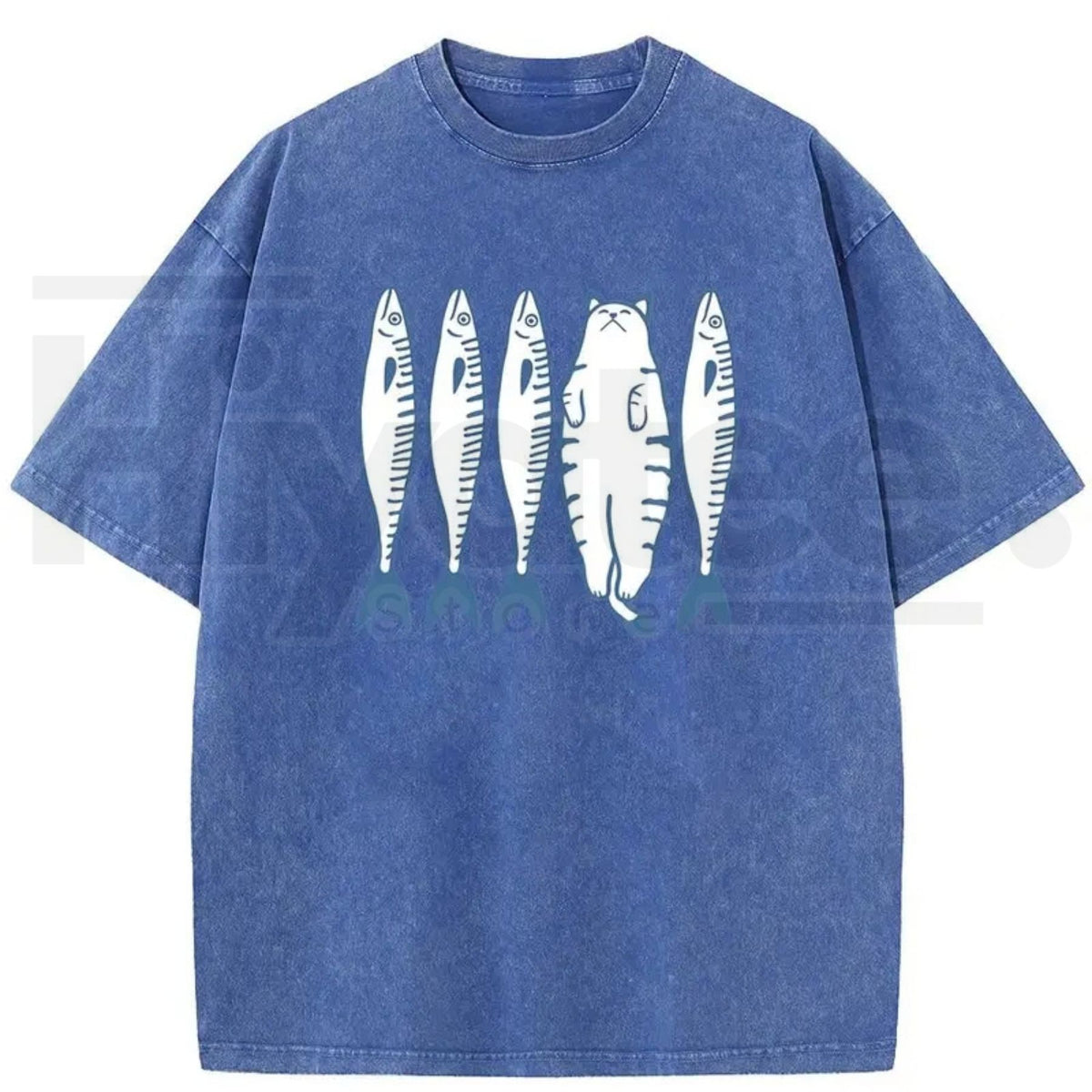 Holafish Cat & Fish Cartoon Vintage Acid Wash T-Shirt – Loose Drop Shoulder Pure Cotton Summer Tee