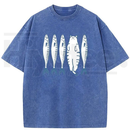 Holafish Cat & Fish Cartoon Vintage Acid Wash T-Shirt – Loose Drop Shoulder Pure Cotton Summer Tee