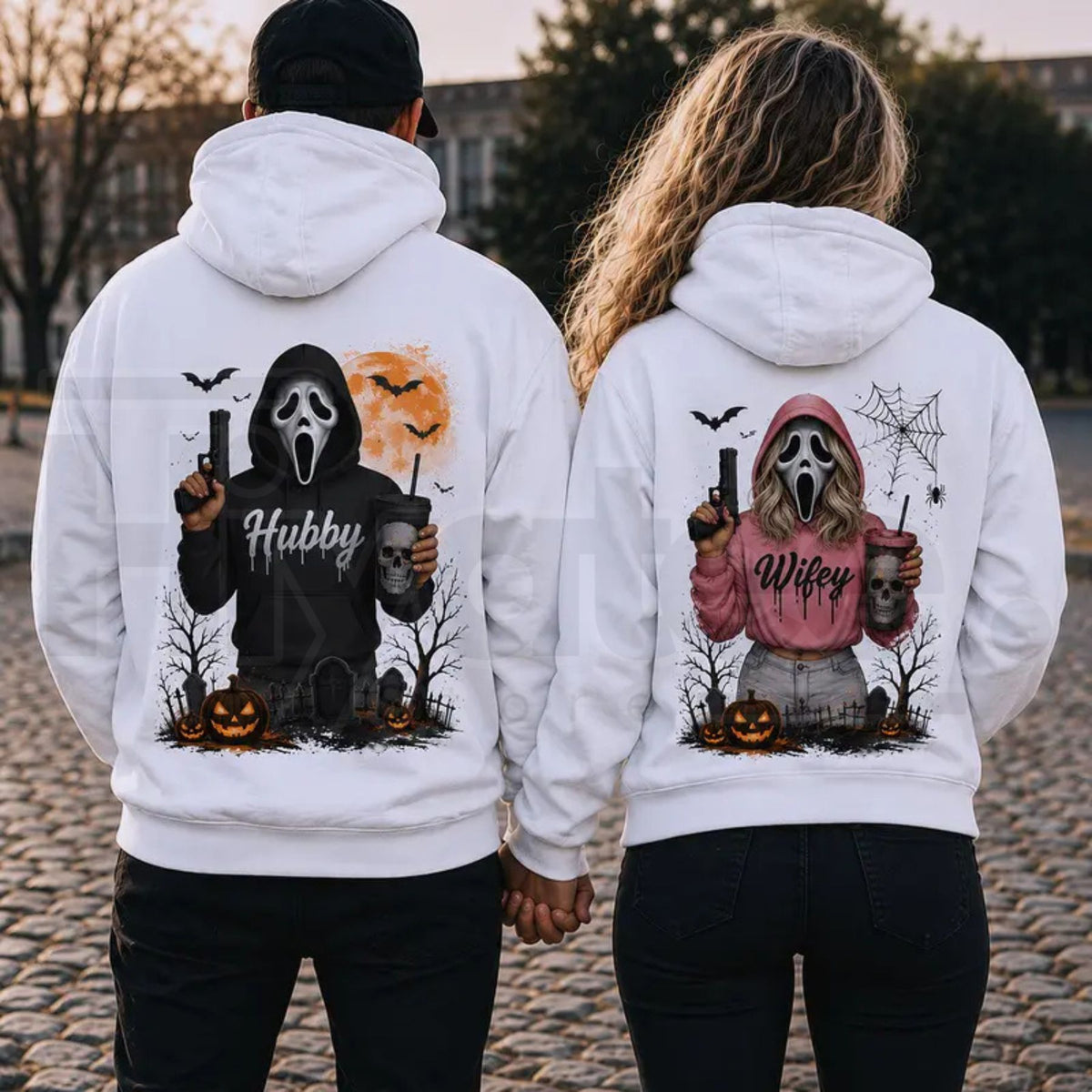 Hubby Wifey Halloween Spooky Season Couple Matching Hoodies – Casual Street Style Fleece Pullover