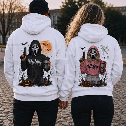 Hubby Wifey Halloween Spooky Season Couple Matching Hoodies – Casual Street Style Fleece Pullover