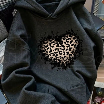 Women's Vintage Distressed Leopard Print Heart Pullover Hoodie