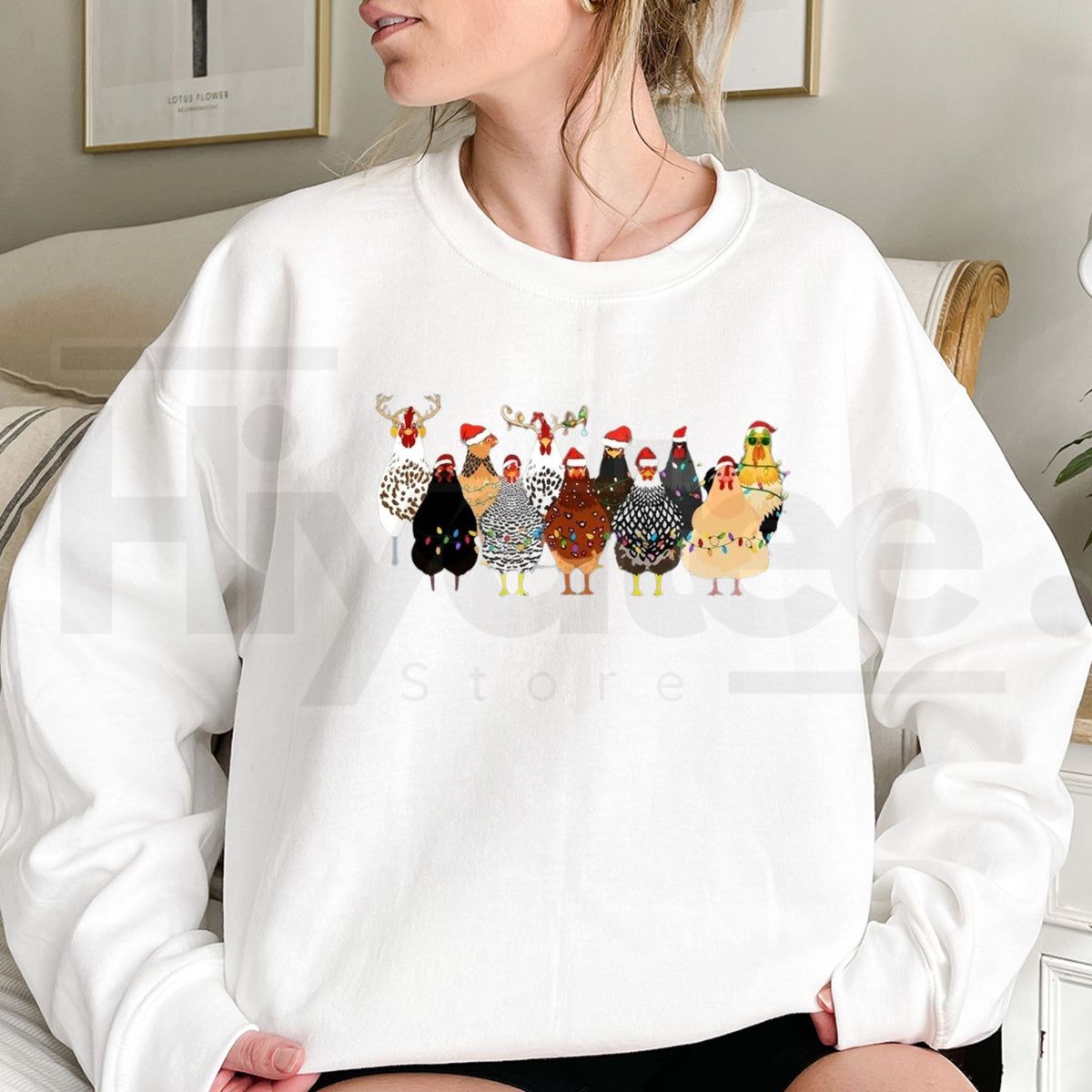 Cute Christmas Chickens Sweatshirt, Funny Farmhouse Hen & Rooster Holiday Pullover