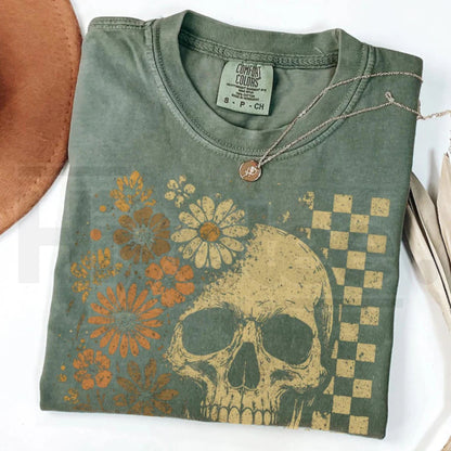 Boho Skull Graphic Tee Vintage Grunge Retro Summerween Spooky Halloween Shirt