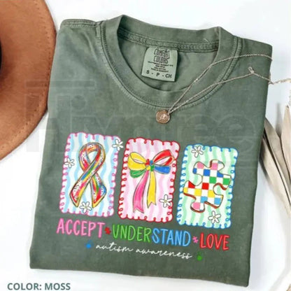 HappyShift - Comfort Colors® Autism Accept, Understand, Love T-Shirt – Autism Mama Bow Graphic Tee