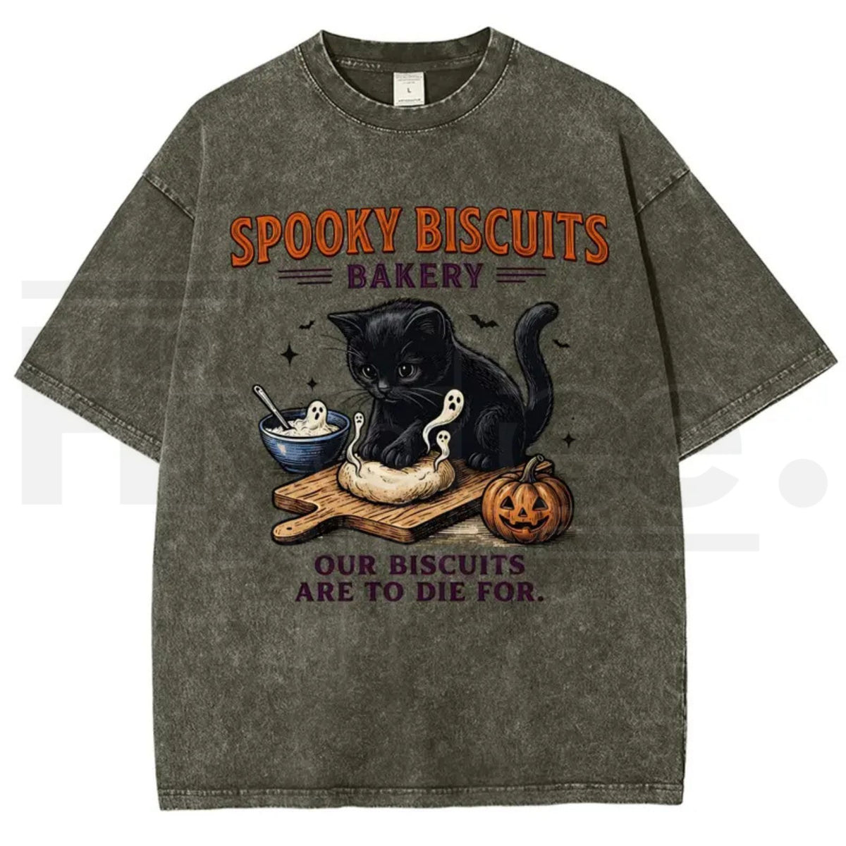 Men's Spooky Biscuits Black Cat Halloween T-Shirt – Vintage Brown Acid-Wash Oversized Cotton Tee