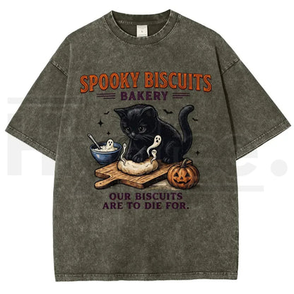 Men's Spooky Biscuits Black Cat Halloween T-Shirt – Vintage Brown Acid-Wash Oversized Cotton Tee