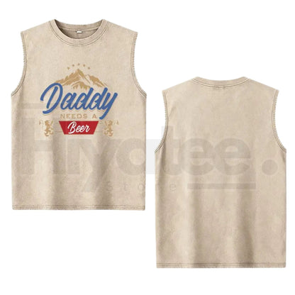 Men's Daddy Needs A Beer Tank Top – Funny Mountain Lion Graphic Washed Vintage Cotton Sleeveless Shirt, Loose Fit Gift for Dad