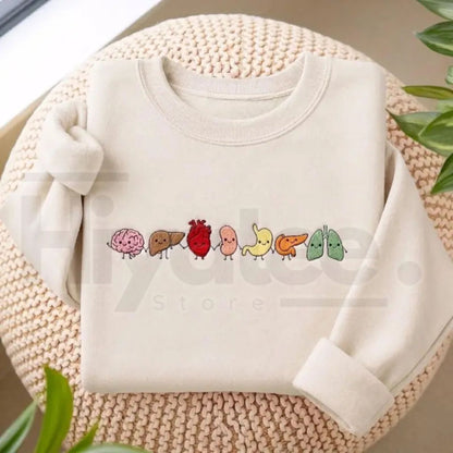 "Cute Organ Friends" Embroidered Sweatshirt – Minimalist Anatomy Healthcare Crewneck