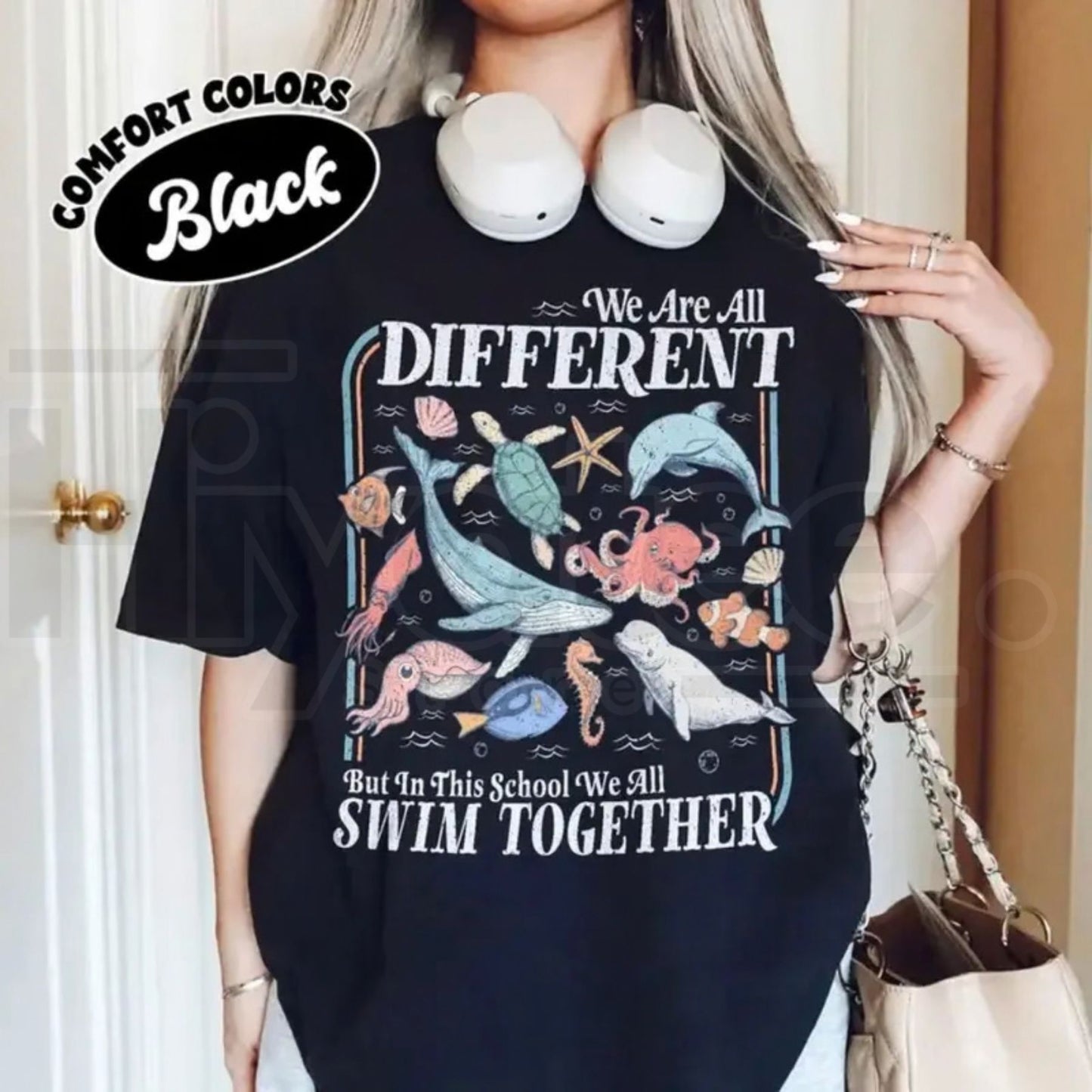 Comfort Colors® We Are All Different But Swim Together Teacher T-Shirt – Inclusive Ocean Animals Graphic Tee, Back To School Educator Gift