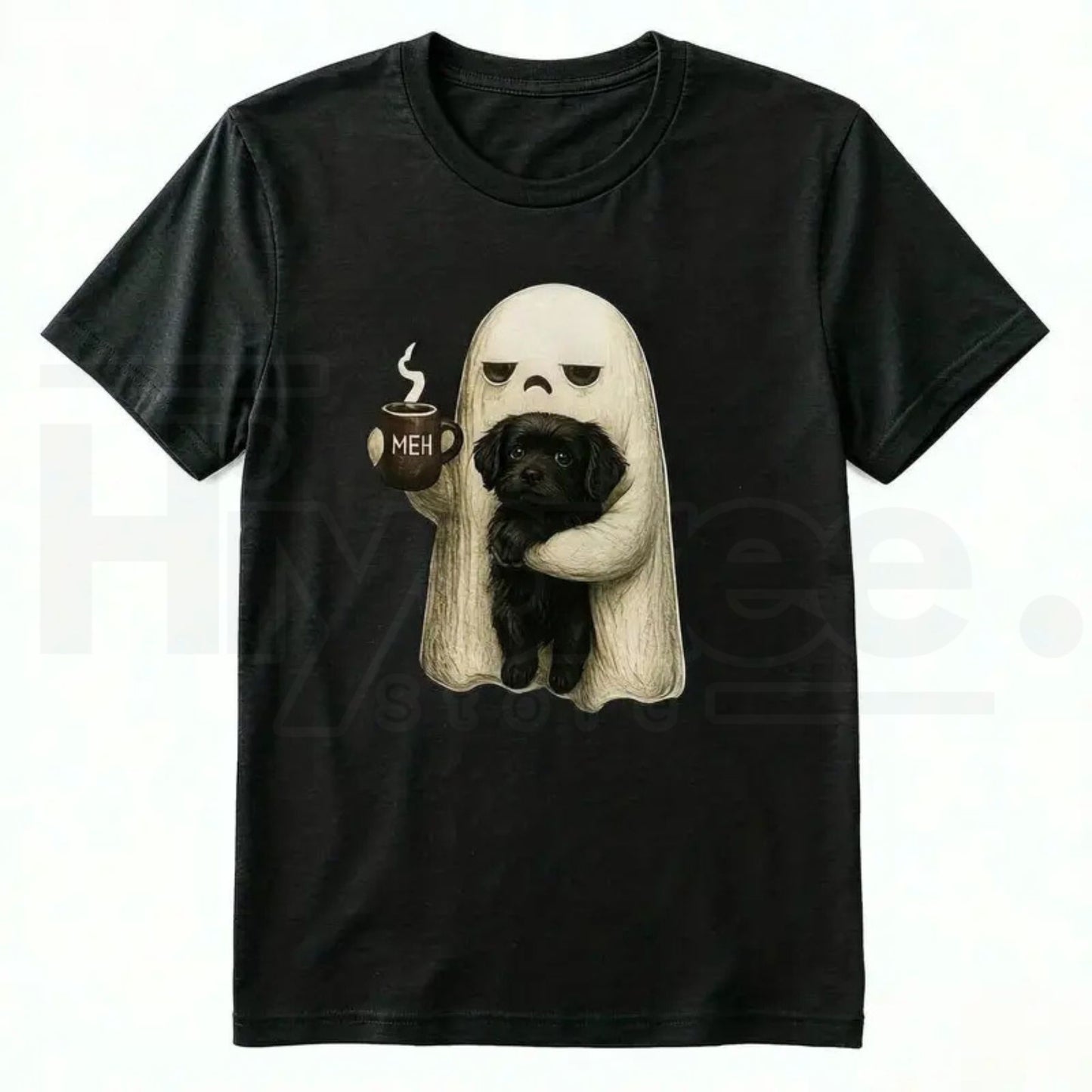 Ghost Cat Halloween T-Shirt – Spooky Black Cat & Coffee Lover Graphic Tee