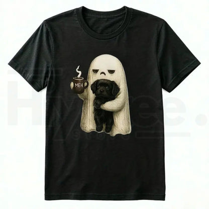 Ghost Cat Halloween T-Shirt – Spooky Black Cat & Coffee Lover Graphic Tee
