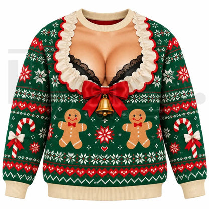 Funny 3D Print Fake Chest Ugly Christmas Sweater – Novelty Holiday Pullover