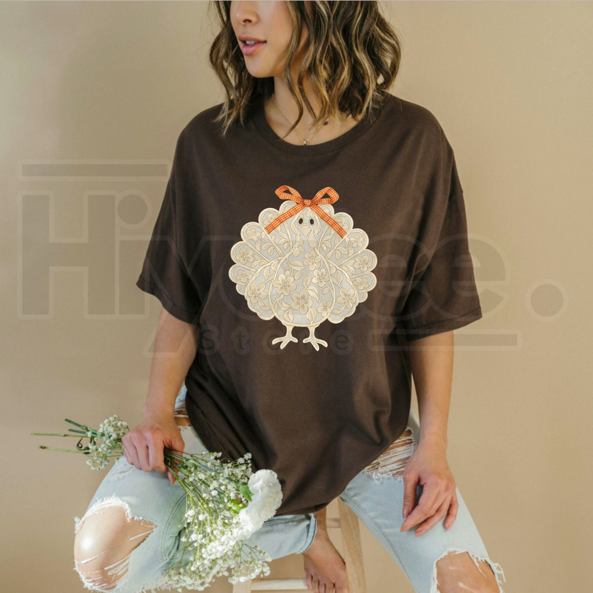 Shelbe's Espresso Lace Turkey Long Sleeve T-Shirt – Elegant Thanksgiving Holiday Graphic Top