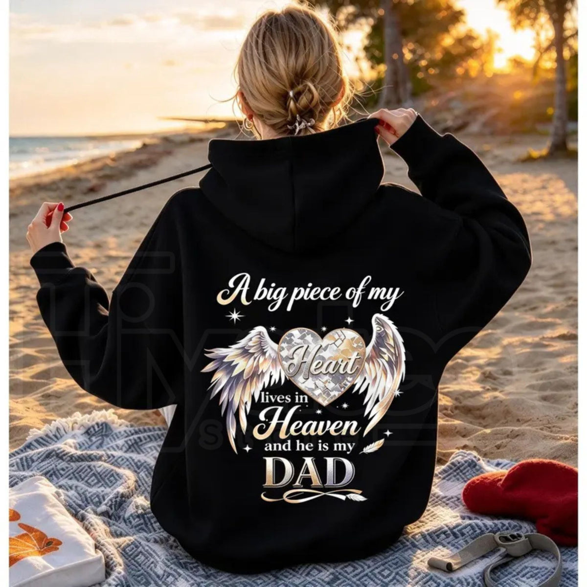 Women’s Mom Memorial Back Print Hoodie – Pink Angel Wings Heart Remembrance Pullover Sweatshirt