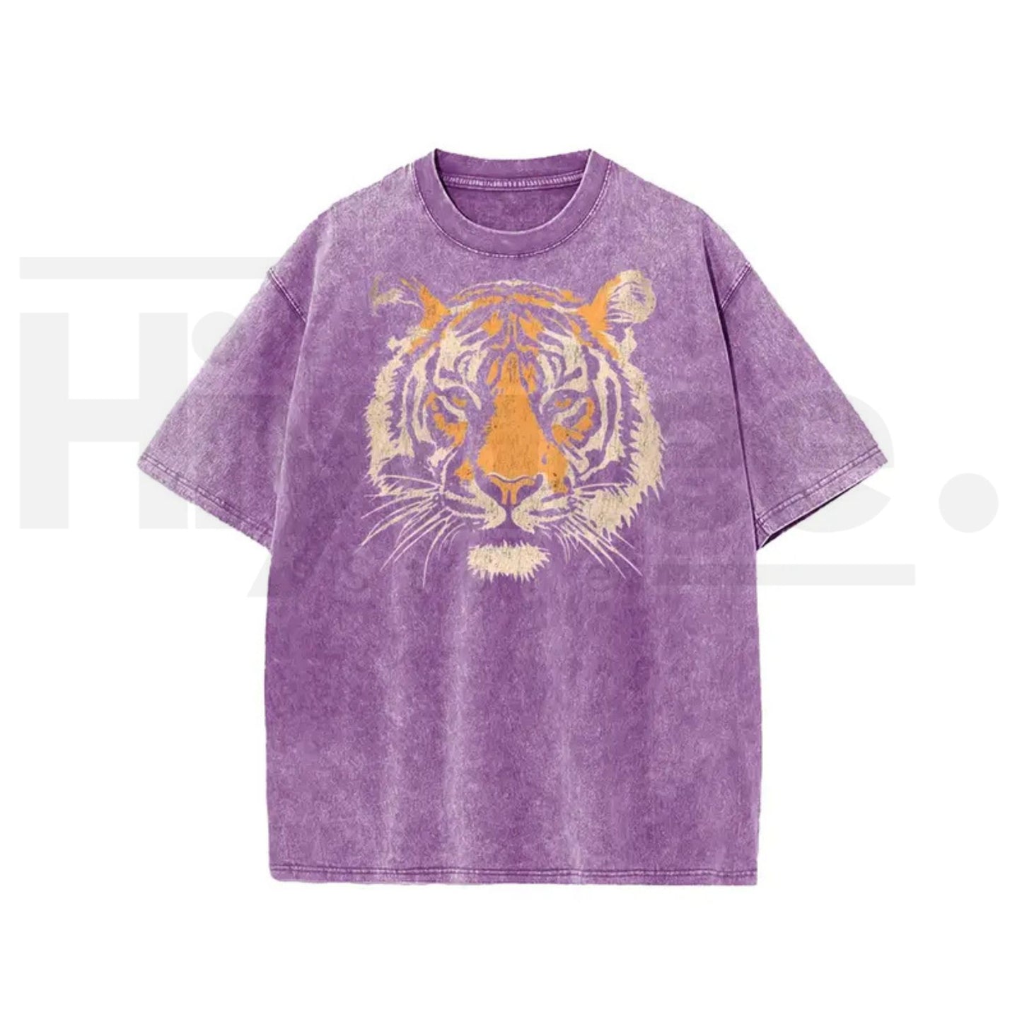 Holafish Unisex Vintage Tiger Graphic Short Sleeve T-Shirt – Acid Washed Heavyweight Cotton Oversized Streetwear Top