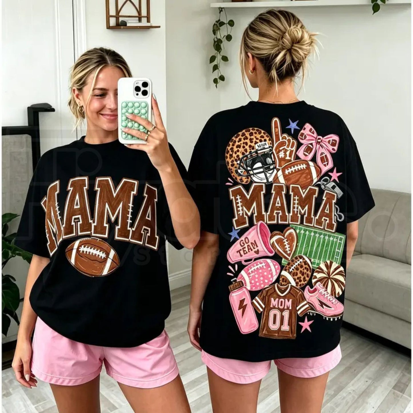 Mama Football T-Shirt – Coquette Bow & Leopard Print Game Day Tee, Double-Sided Sports Mom Shirt