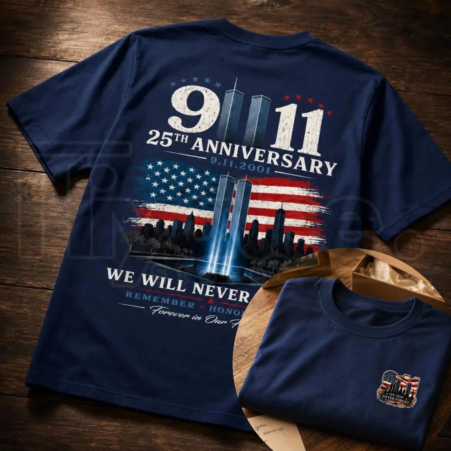 9/11 25th Anniversary Memorial T-Shirt – Patriotic Twin Towers Flag Two-Sided Graphic Tee