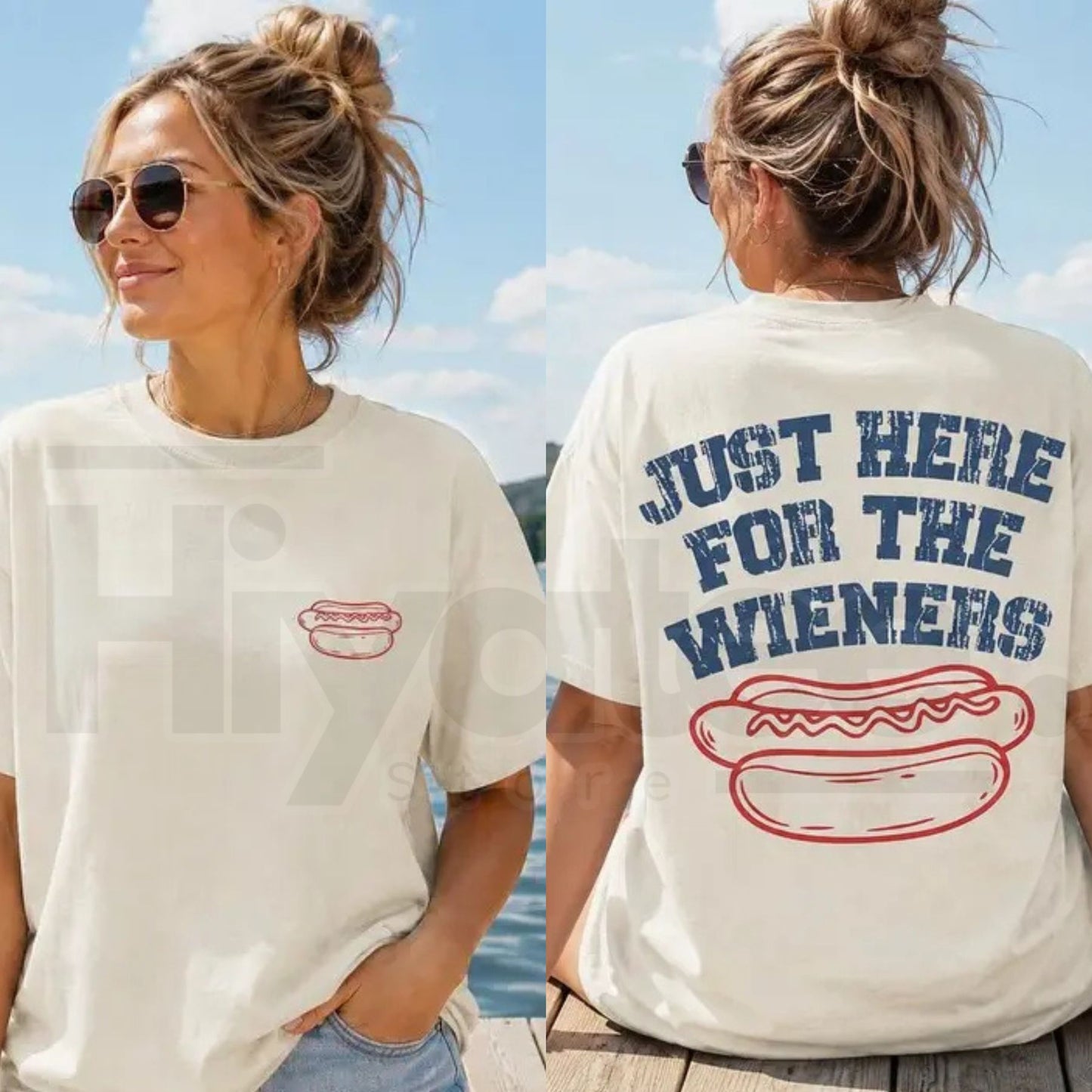 Comfort Colors Just Here For The Wieners T-Shirt – Funny 4th of July Double Sided Hot Dog Patriotic Summer Tee
