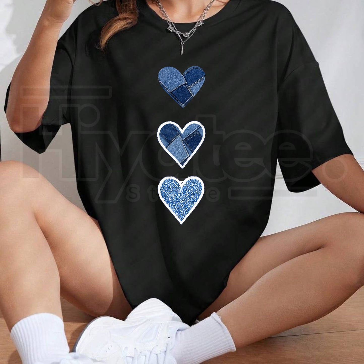 Women's Denim Heart Graphic T-Shirt – Cute Casual Summer Streetwear Top