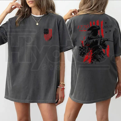 250th Anniversary Distressed American Flag 2-Sided T-Shirt – 1776-2026 Revolutionary Soldier Graphic Tee