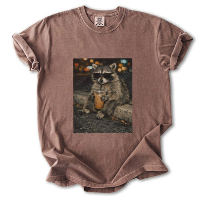 Funny Raccoon Drinking Iced Coffee Shirt – Retro Garbage Pail Graphic Tee, Vintage Style Iced Coffee Lover Gift
