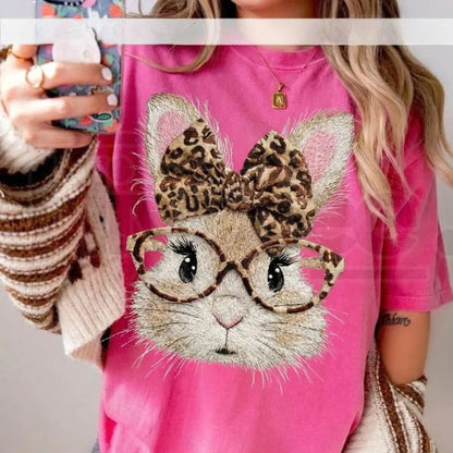 Comfort Colors® Happy Easter Bunny T-Shirt – Retro Leopard Print & Coquette Bow Tee, Trendy Easter Sunday Shirt