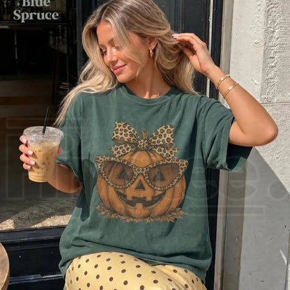 Fall Halloween Leopard Pumpkin Shirt Crewneck Jack O Lantern Tee