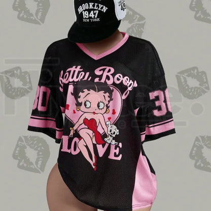 Streetwear Y2K Mesh Breathable American Vintage Doll Print V-Neck Short Sleeve T-Shirt