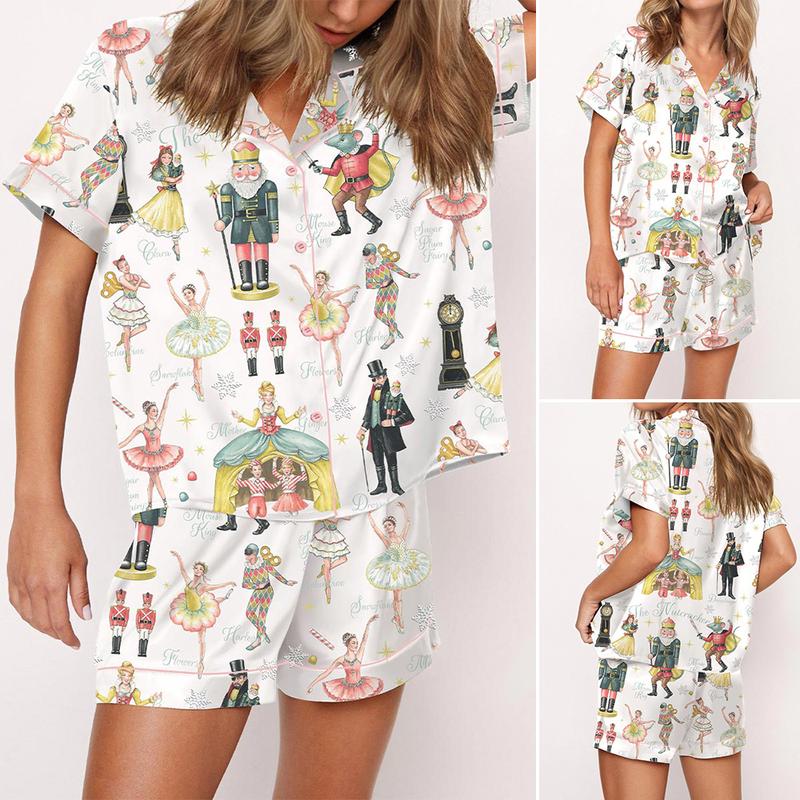 Nutcracker Ballet Christmas Satin Pajama Set For Women Print Comfy Satin Sleepwear & Loungewear Pjs Printing Silky Top & Bottoms