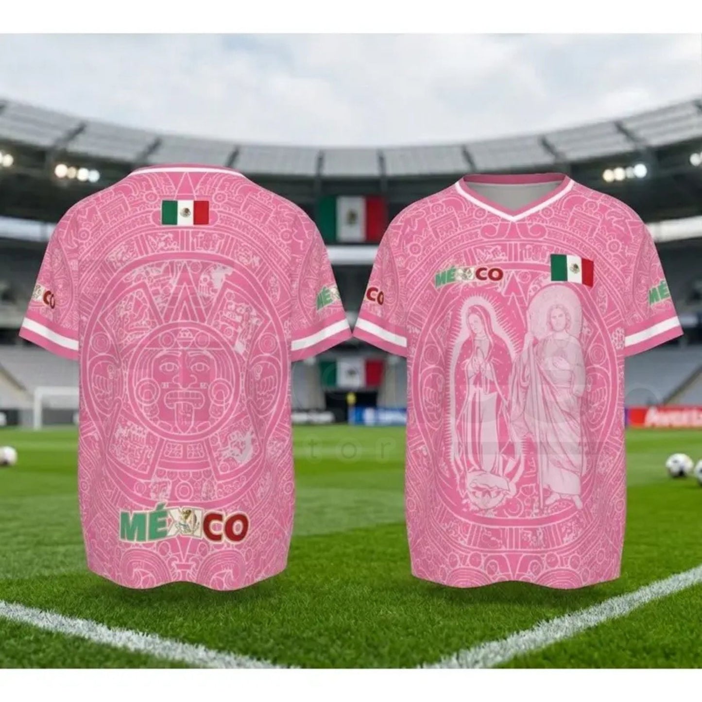 Light Pink Virgencita & San Juditas Mexico Soccer Jersey – 2026 World Cup Fan Gear, Mexican Culture Style Sports Shirt for Men