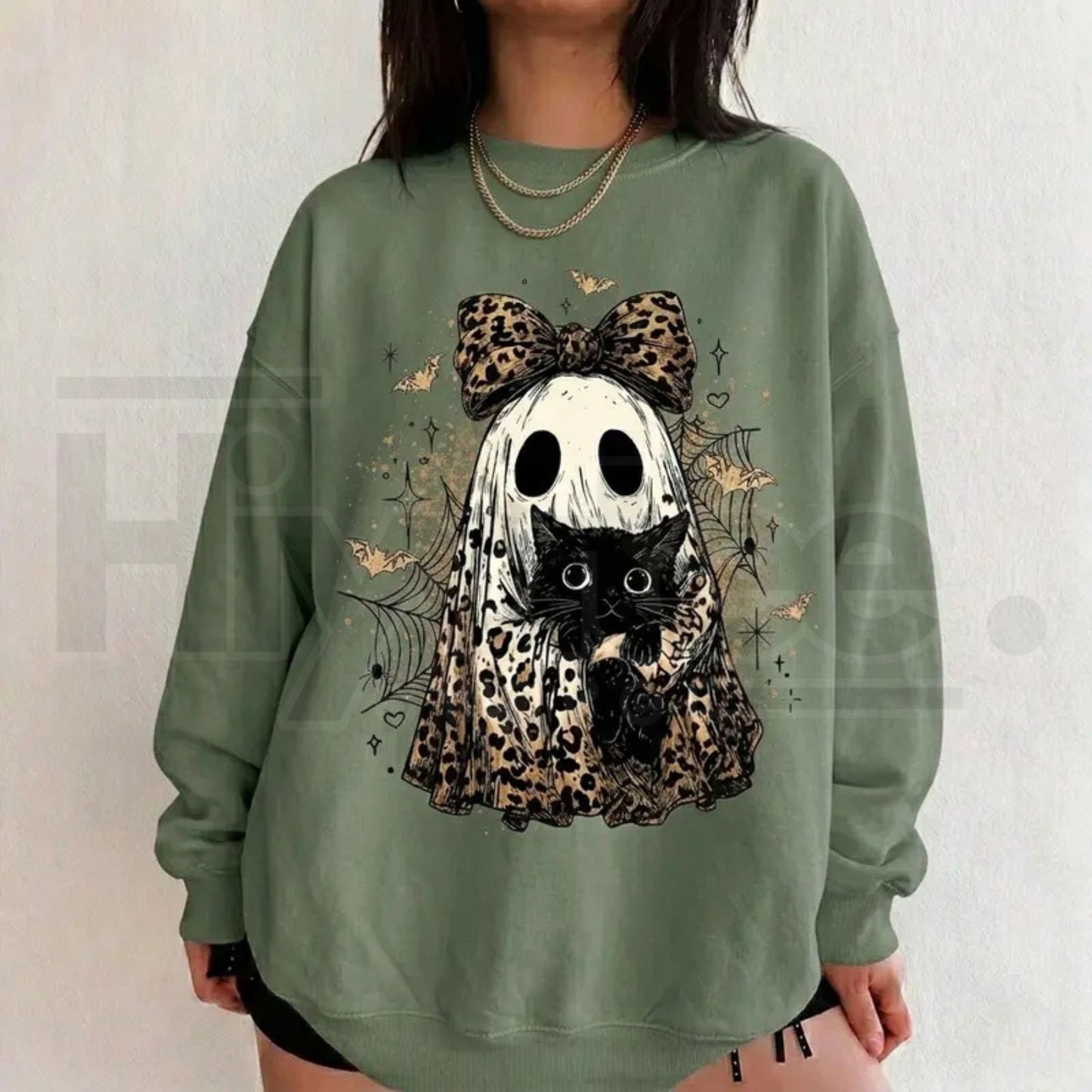 Leopard Ghost Cat Halloween Sweatshirt – Cute Spooky Black Cat Graphic Shirt, Coquette Bow Ghost Fall Outfit