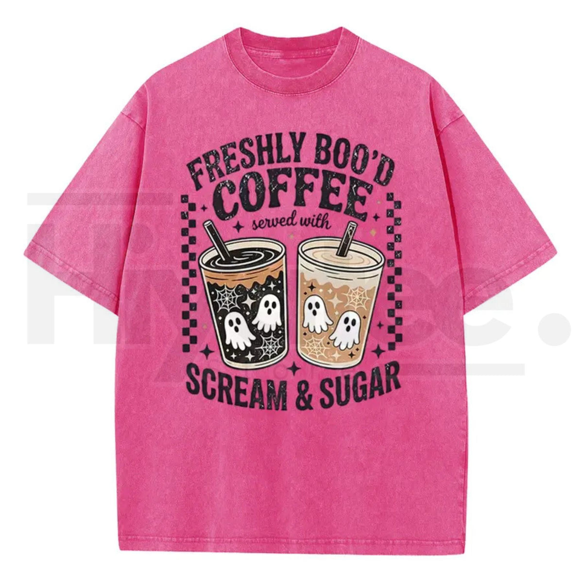 Holafish Funny Scream & Sugar Ghost Coffee T-Shirt – Retro Washed Oversized Fall Graphic Cotton Tee