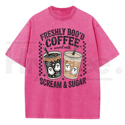 Holafish Funny Scream & Sugar Ghost Coffee T-Shirt – Retro Washed Oversized Fall Graphic Cotton Tee
