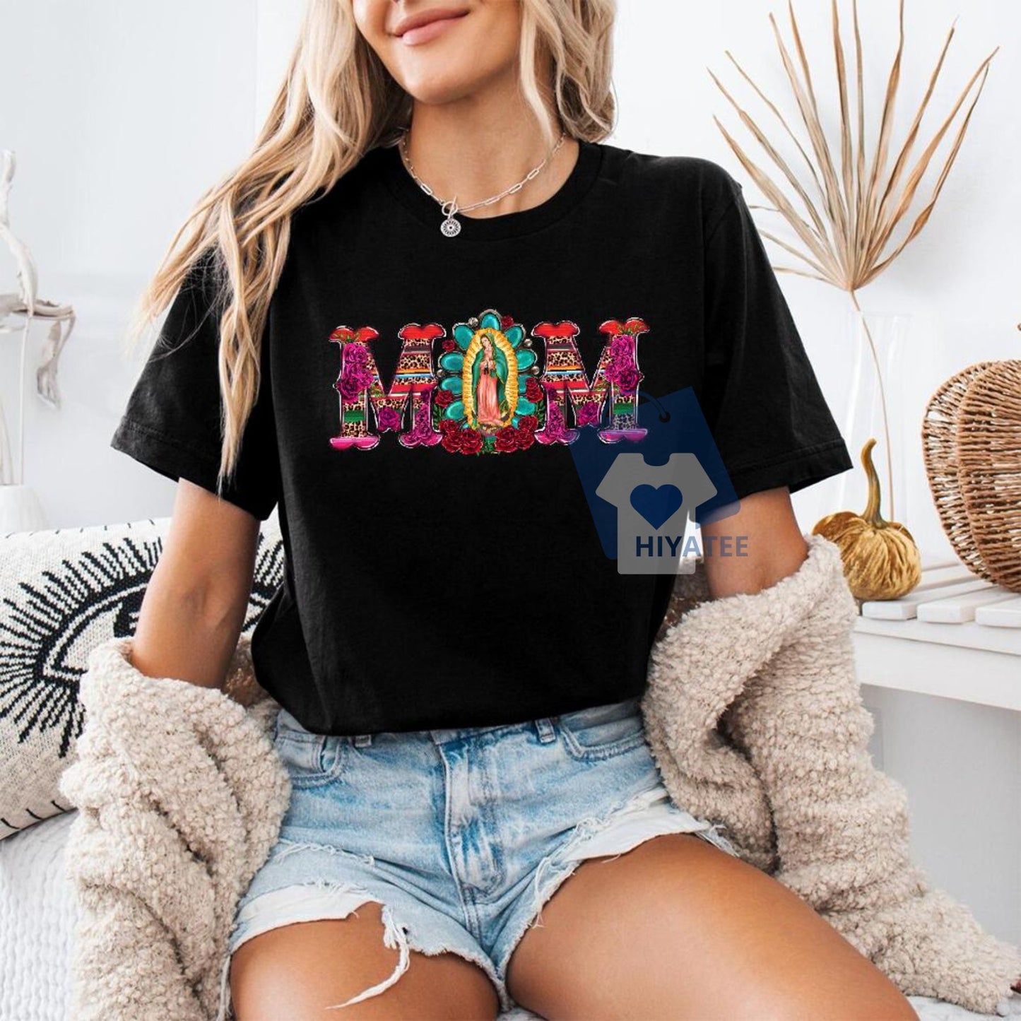 MOM Shirt Mary & Flower Cotton T-Shirt – Summer Happy Mother's Day Gift Tee