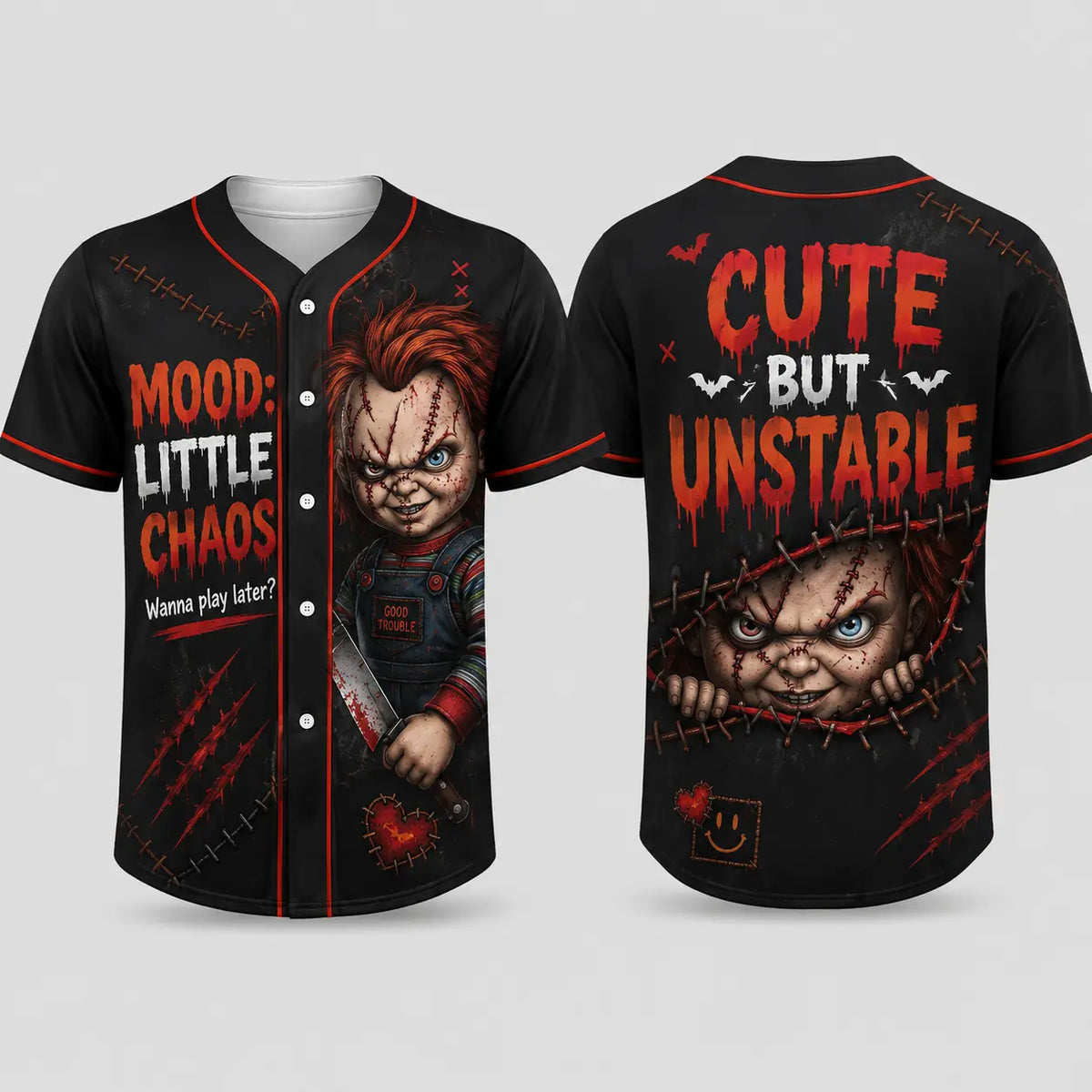 Unisex Horror Graphic Print Baseball Jersey – Slasher Theme Button-Up Shirt