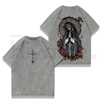 Virgin Mary Graphic T-Shirt – Washed Black Heavy Cotton Gothic Streetwear Tee