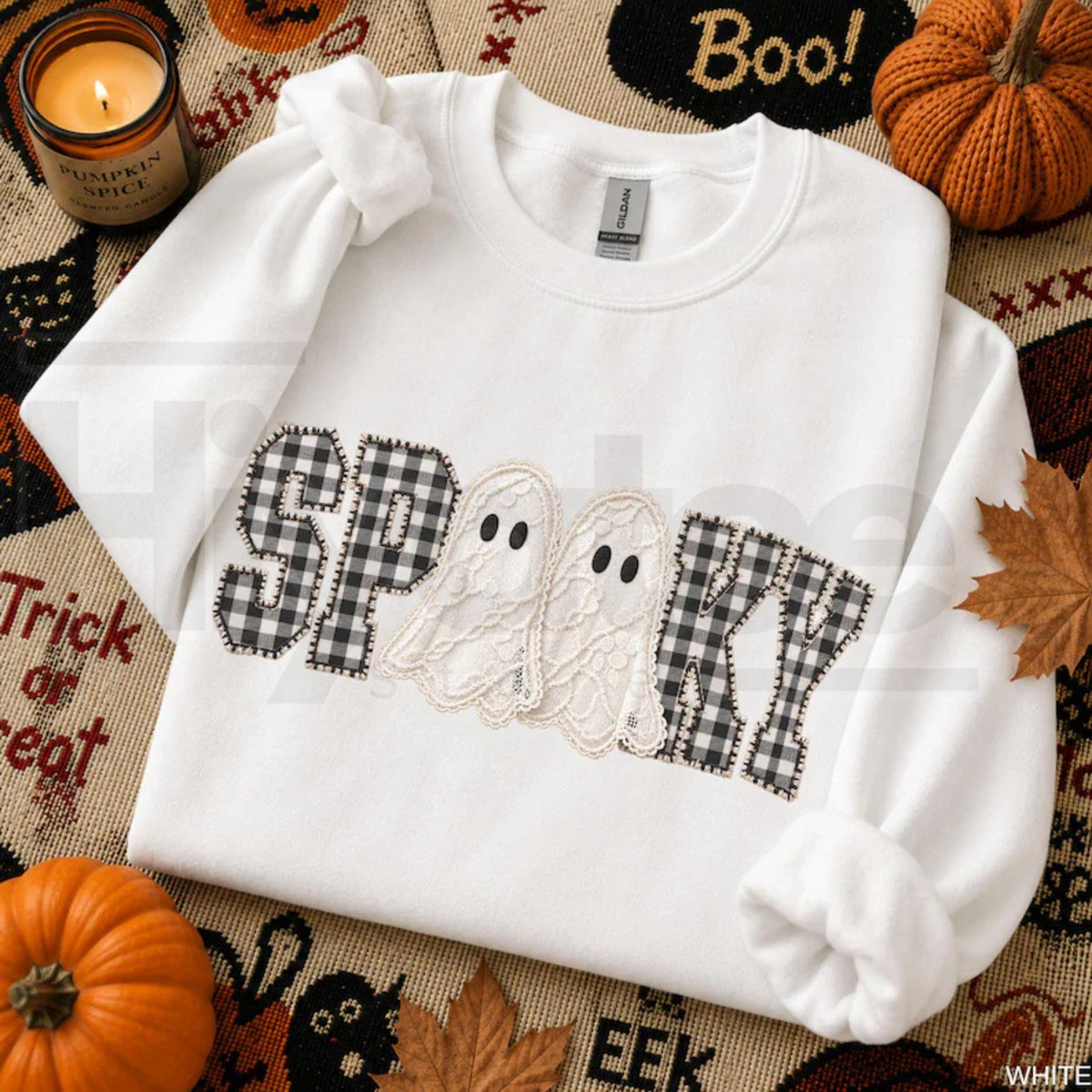 Faux Patchwork Spooky Ghost Sweatshirt – Cozy Fall Halloween Gingham Applique Crewneck