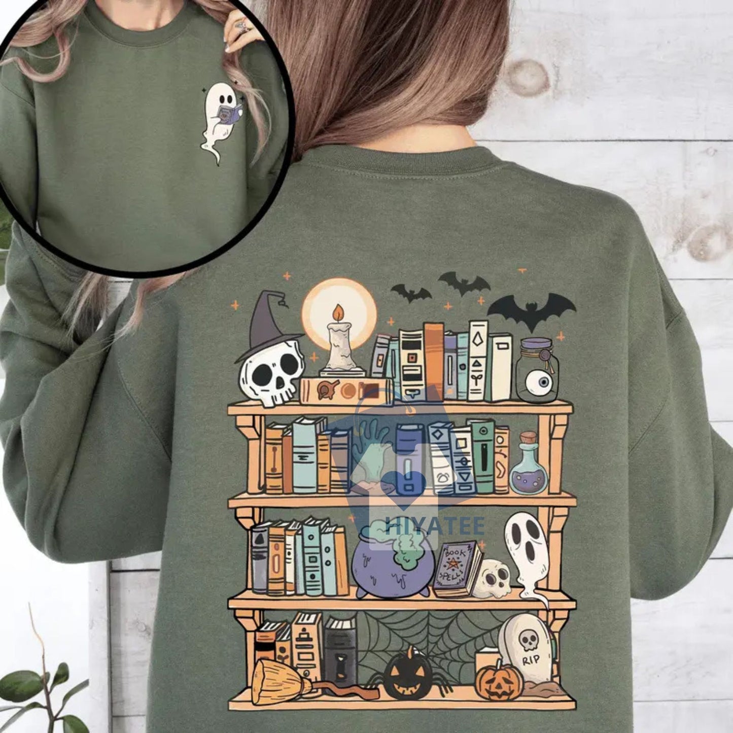 Reading Ghost Sweatshirt – Spooky Halloween Library Crewneck for Teachers & Book Lovers, Cute Front & Back Design